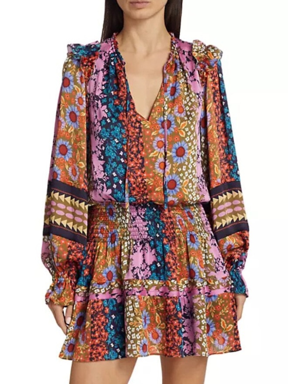 Ramy Brook Makenna Dress Multicolor Boho Festival Floral LS Fall Medium